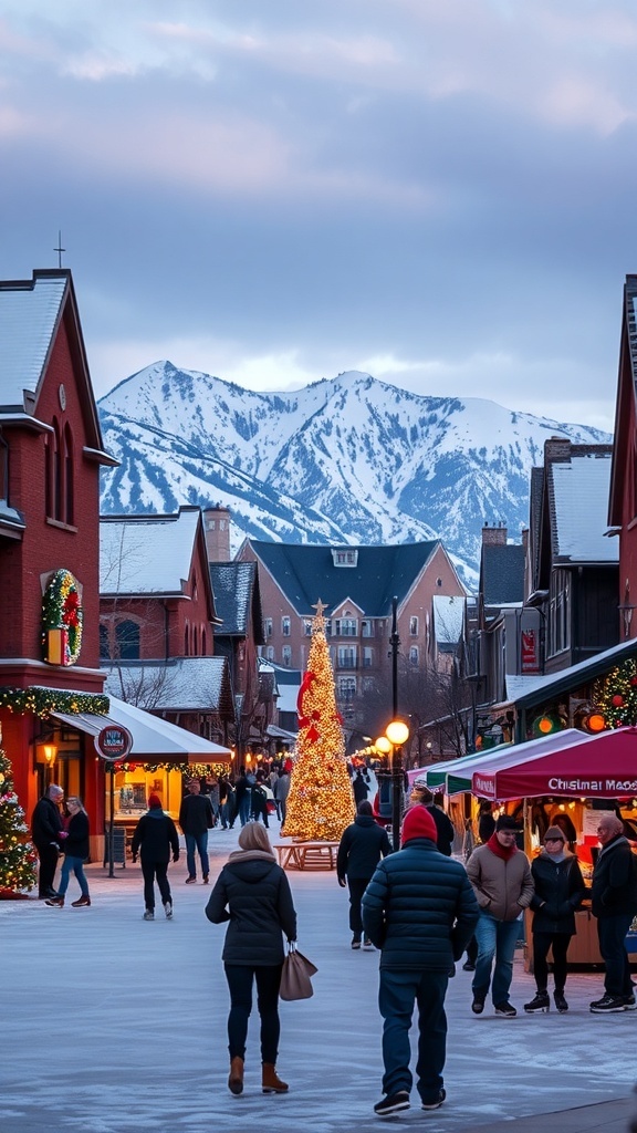 Christmas Aesthetic in Utah A beautiful winter landscape in Utah with mountains, a decorated town square, and holiday festivities.